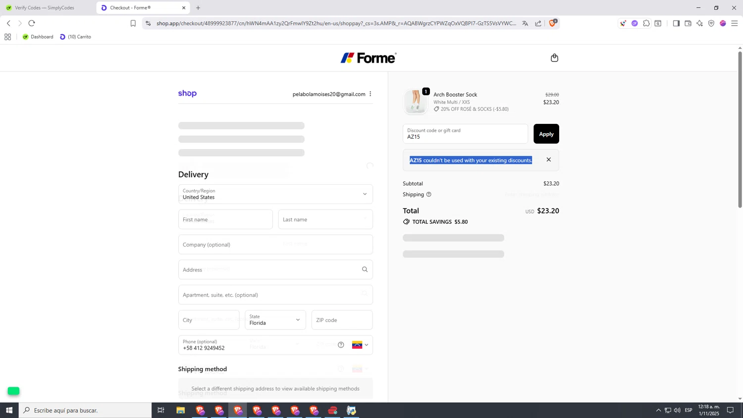Forme discount code screenshot showing code AZ15 applied at Forme checkout page. Uploaded by SimplyCodes community member jHjJJJhgPlDmsdUYitrNMASDll on Nov 1, 2025