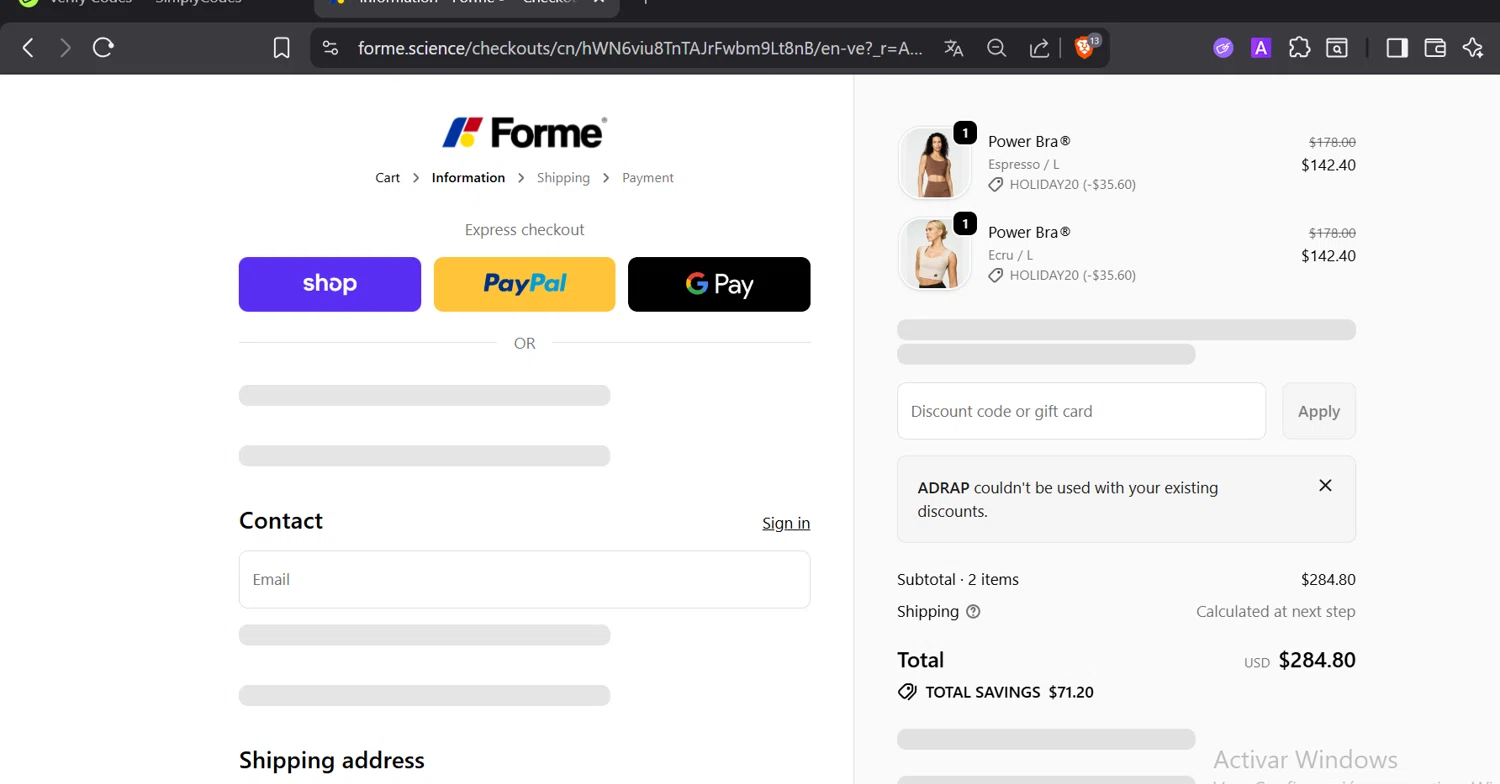 Forme discount code screenshot showing code ADRAP applied at Forme checkout page. Uploaded by SimplyCodes community member CoinOwl5103 on Dec 27, 2025