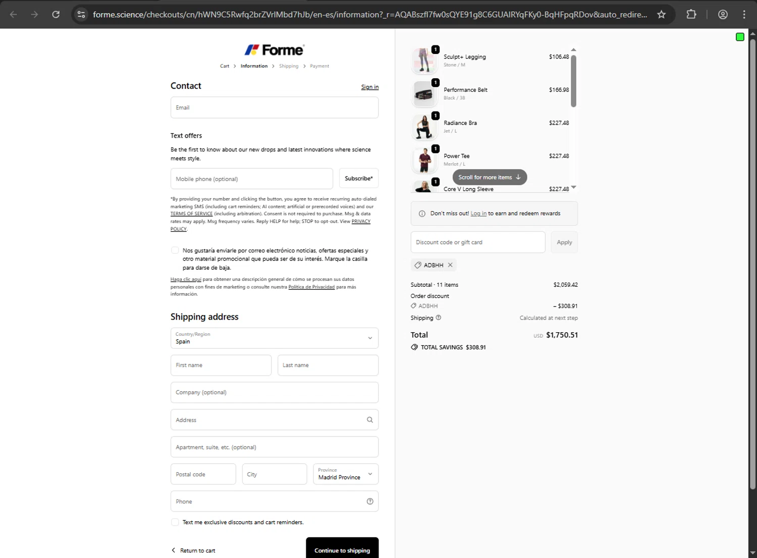 Forme checkout page showing Forme discount code box | Screenshot taken by SimplyCodes community member on Feb 25, 2026