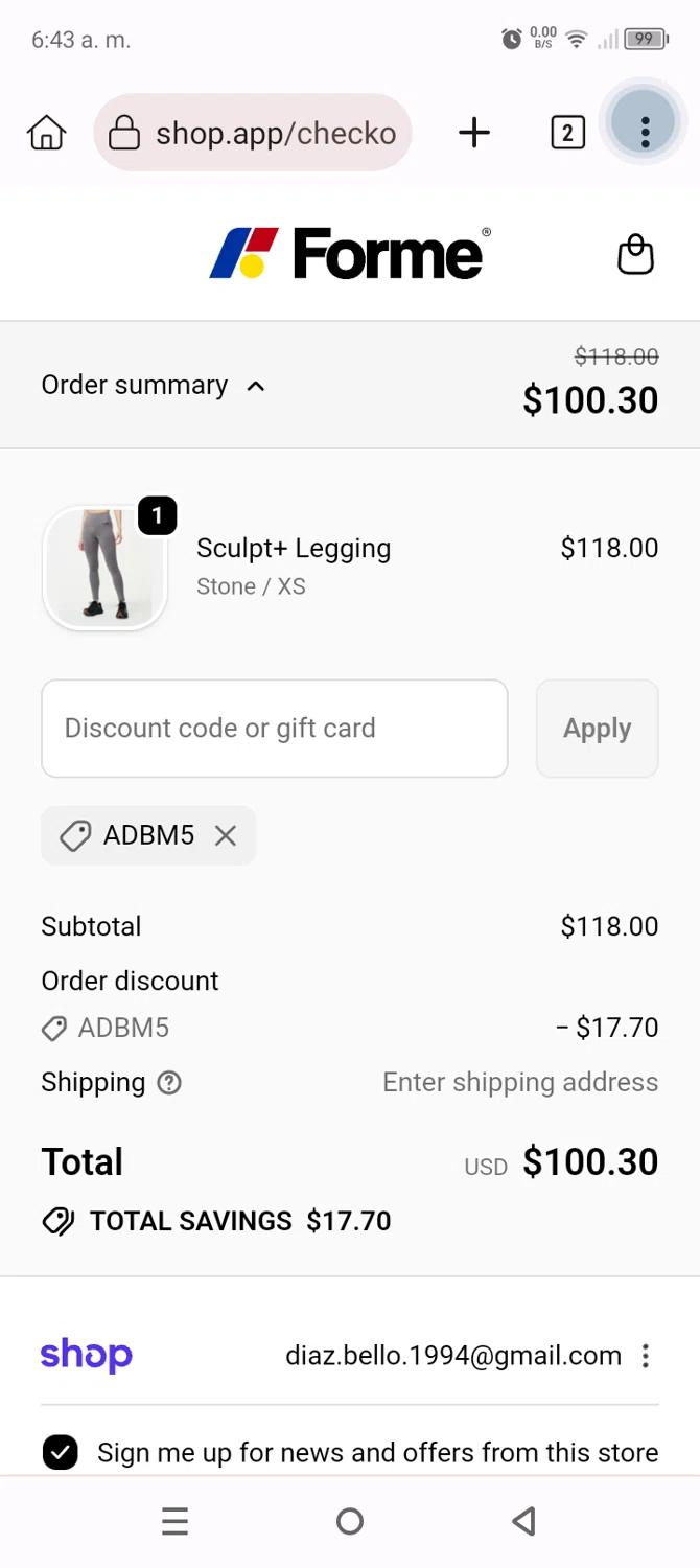 Forme discount code screenshot showing code ADBM5 applied at Forme checkout page. Uploaded by SimplyCodes community member Anthony_Diaz on Oct 27, 2025
