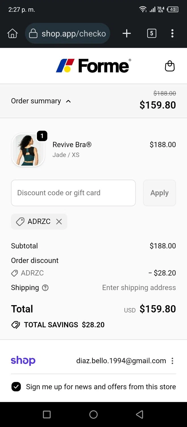 Forme discount code screenshot showing code ADRZC applied at Forme checkout page. Uploaded by SimplyCodes community member AnthonyGuapeton94 on Oct 26, 2025