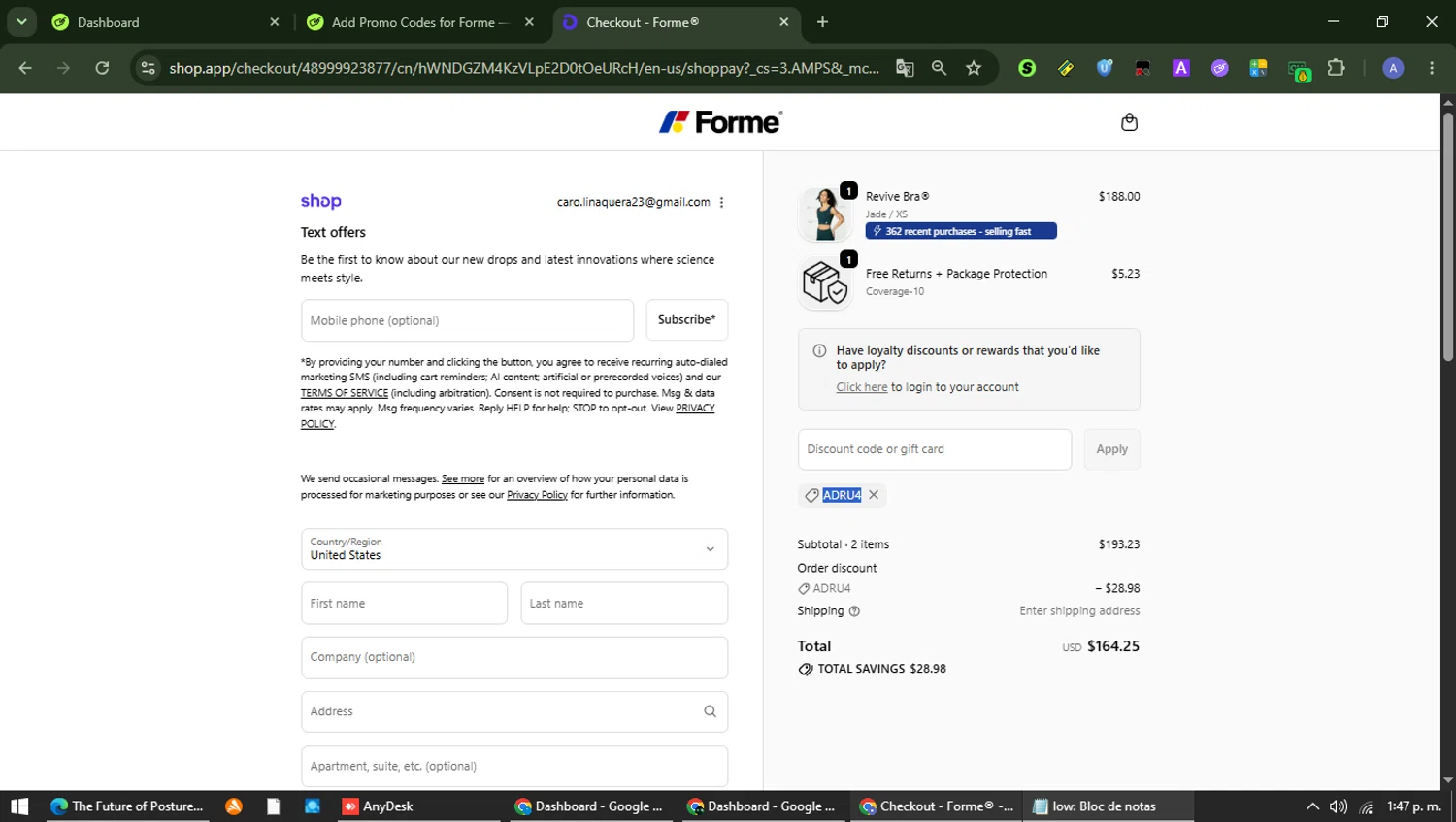 Forme promo code screenshot showing code ADRU4 applied at Forme checkout page. Uploaded by SimplyCodes community member Carolina23 on Jun 19, 2026
