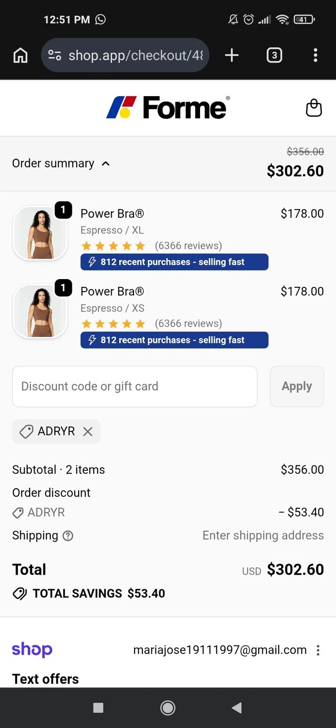 Forme promo code screenshot showing code ADRYr applied at Forme checkout page. Uploaded by SimplyCodes community member Mujerdejunnior on Jun 19, 2026