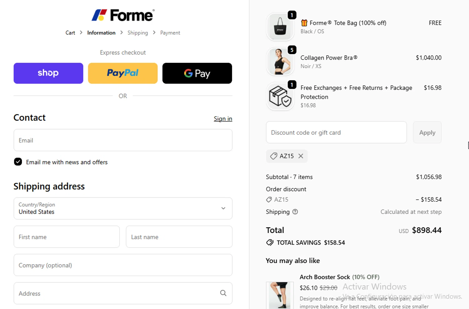 Forme discount code screenshot showing code AZ15 applied at Forme checkout page. Uploaded by SimplyCodes community member danyx_gx on Oct 29, 2025