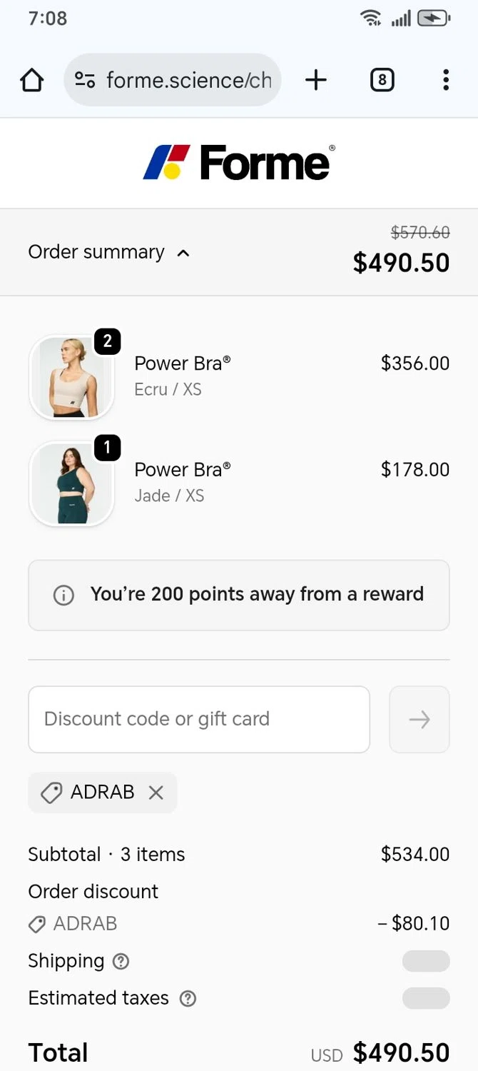 Forme discount code screenshot showing code ADRAB applied at Forme checkout page. Uploaded by SimplyCodes community member franksanchez on Jan 29, 2026