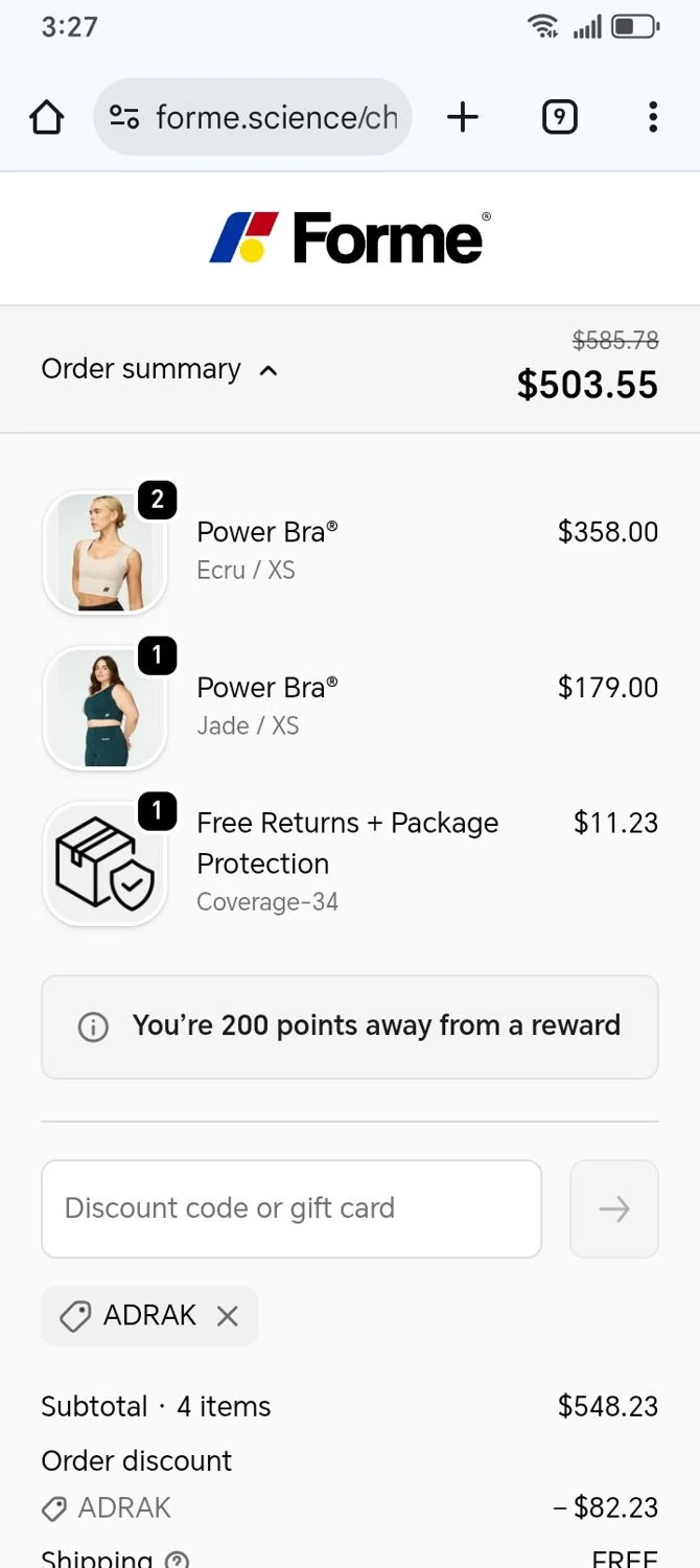 Forme discount code screenshot showing code ADRAK applied at Forme checkout page. Uploaded by SimplyCodes community member franksanchez on Jan 17, 2026