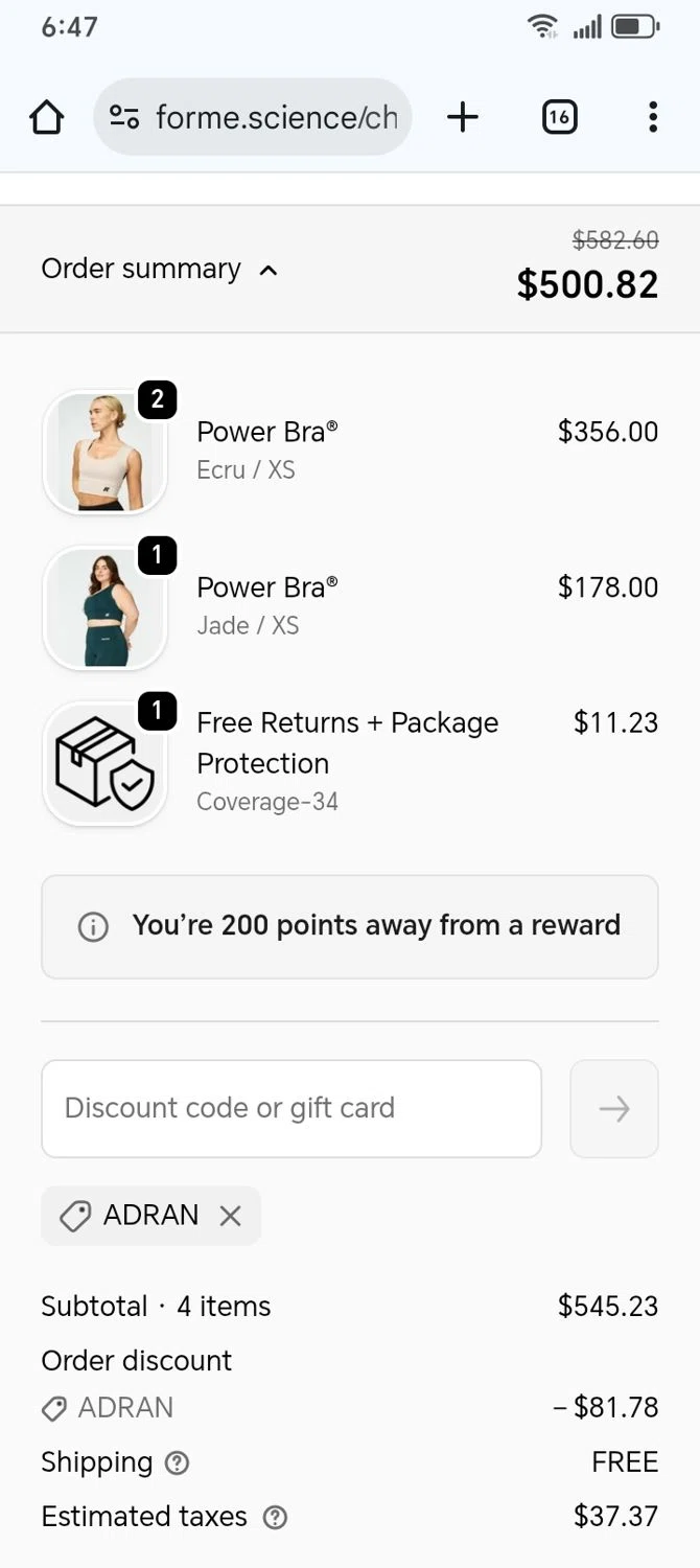 Forme discount code screenshot showing code ADRAN applied at Forme checkout page. Uploaded by SimplyCodes community member franksanchez on Feb 1, 2026
