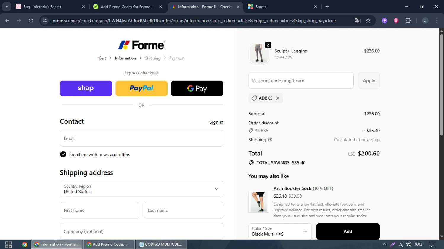 Forme discount code screenshot showing code ADBK5 applied at Forme checkout page. Uploaded by SimplyCodes community member renyrodriguez on Oct 29, 2025