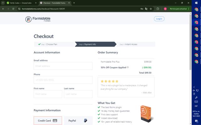 Formidable Forms checkout page showing Formidable Forms discount code box | Screenshot taken by SimplyCodes community member on Jan 14, 2025