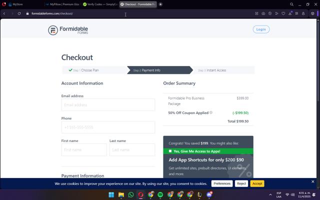 Formidable Forms checkout page showing Formidable Forms discount code box | Screenshot taken by SimplyCodes community member on Apr 11, 2025