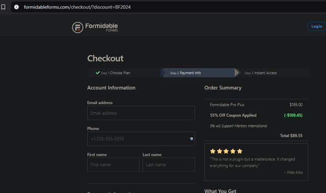 Formidable Forms checkout page showing Formidable Forms discount code box | Screenshot taken by SimplyCodes community member on Dec 2, 2024