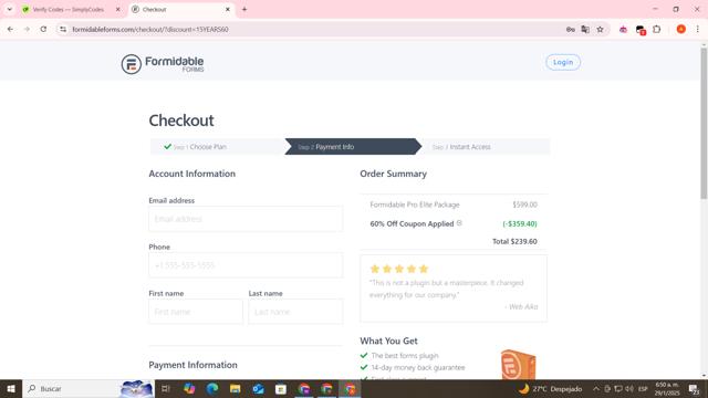 Formidable Forms checkout page showing Formidable Forms discount code box | Screenshot taken by SimplyCodes community member on Jan 29, 2025