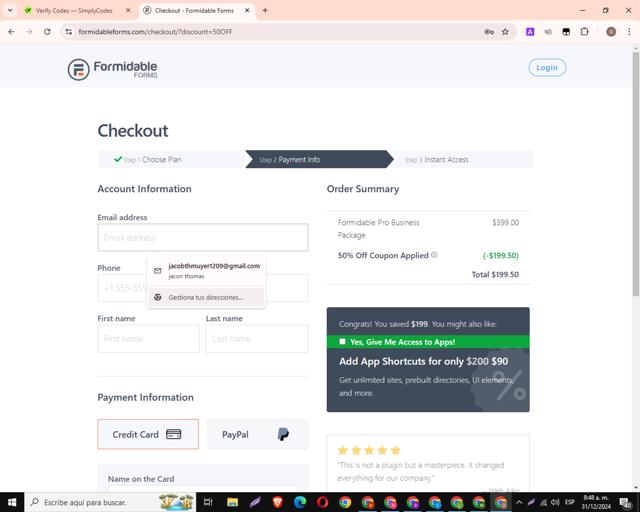Formidable Forms checkout page showing Formidable Forms discount code box | Screenshot taken by SimplyCodes community member on Dec 31, 2024