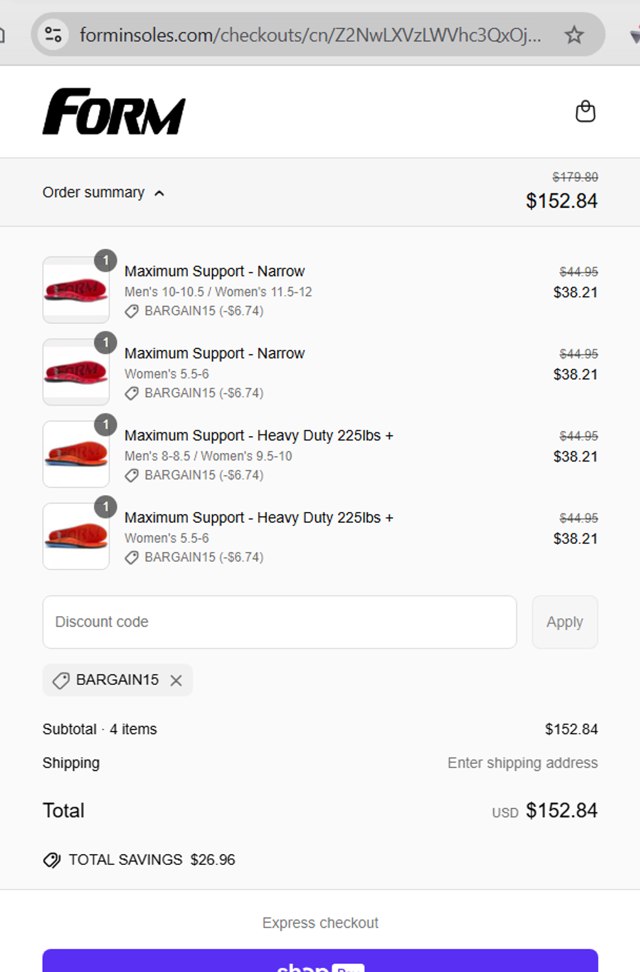 Form Insoles checkout page showing Form Insoles discount code box | Screenshot taken by SimplyCodes community member on May 9, 2025