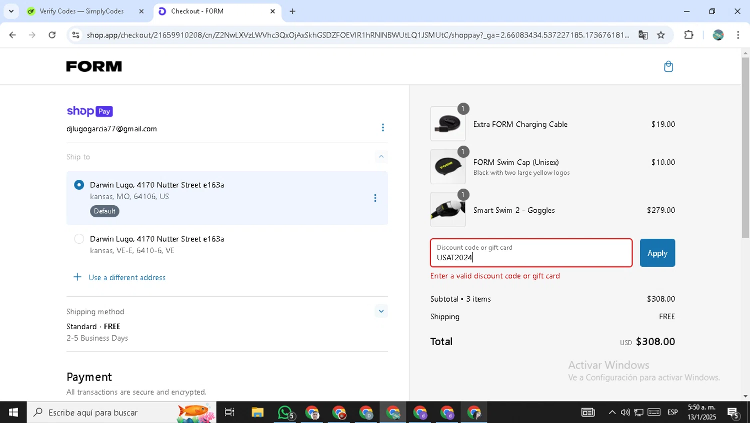 FORM Swim Goggles discount code screenshot showing code USAT2024 applied at FORM Swim Goggles checkout page. Uploaded by SimplyCodes community member ShrewdMonarch9444 on Jan 13, 2025