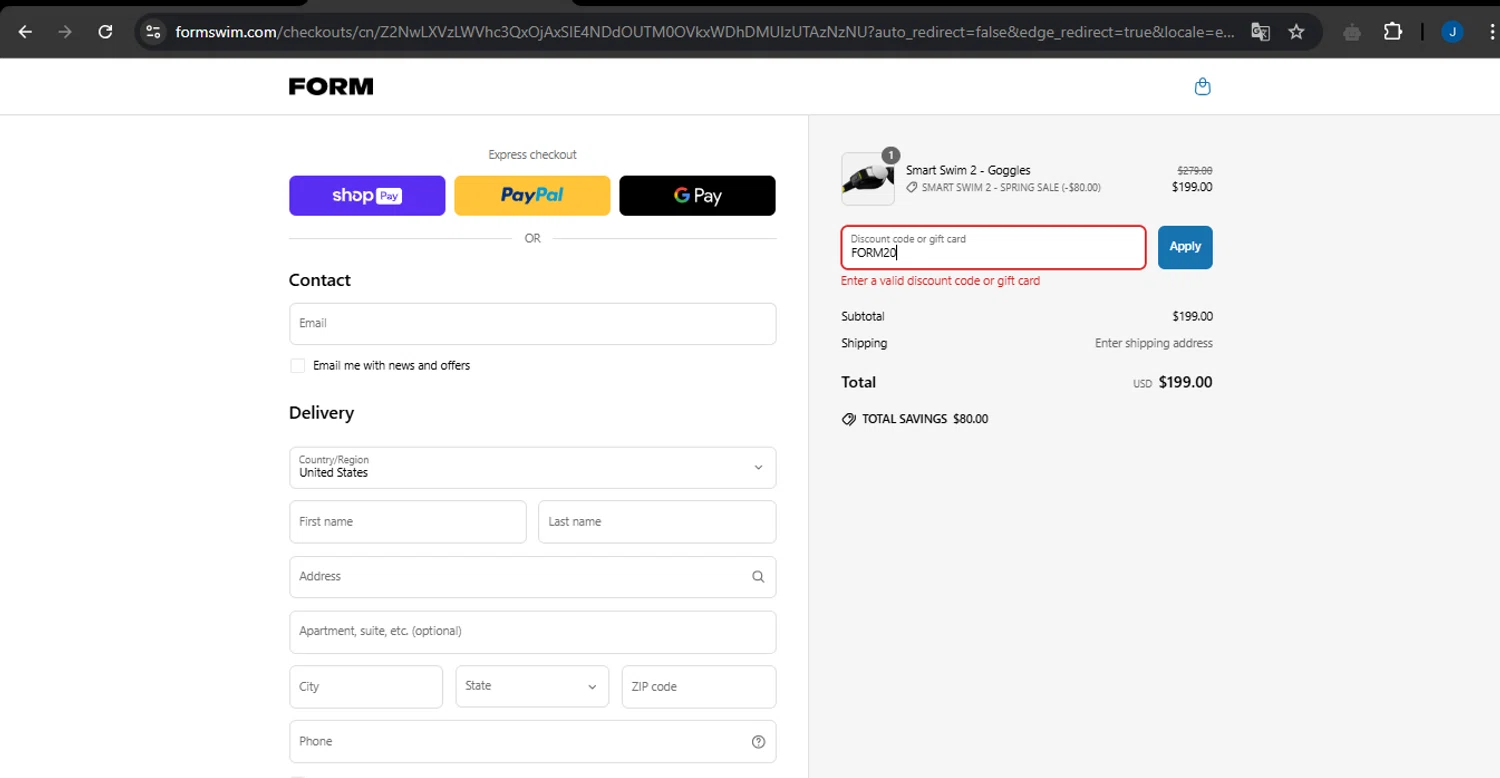 FORM Swim Goggles discount code screenshot showing code FORM20 applied at FORM Swim Goggles checkout page. Uploaded by SimplyCodes community member LegendarySage5106 on Mar 26, 2025