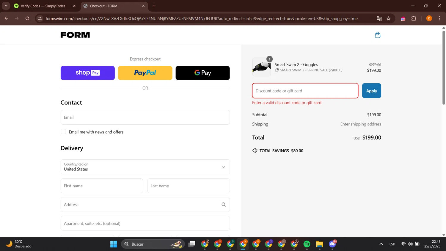 FORM Swim Goggles discount code screenshot showing code FORM20 applied at FORM Swim Goggles checkout page. Uploaded by SimplyCodes community member BonusCurator3058 on Mar 26, 2025