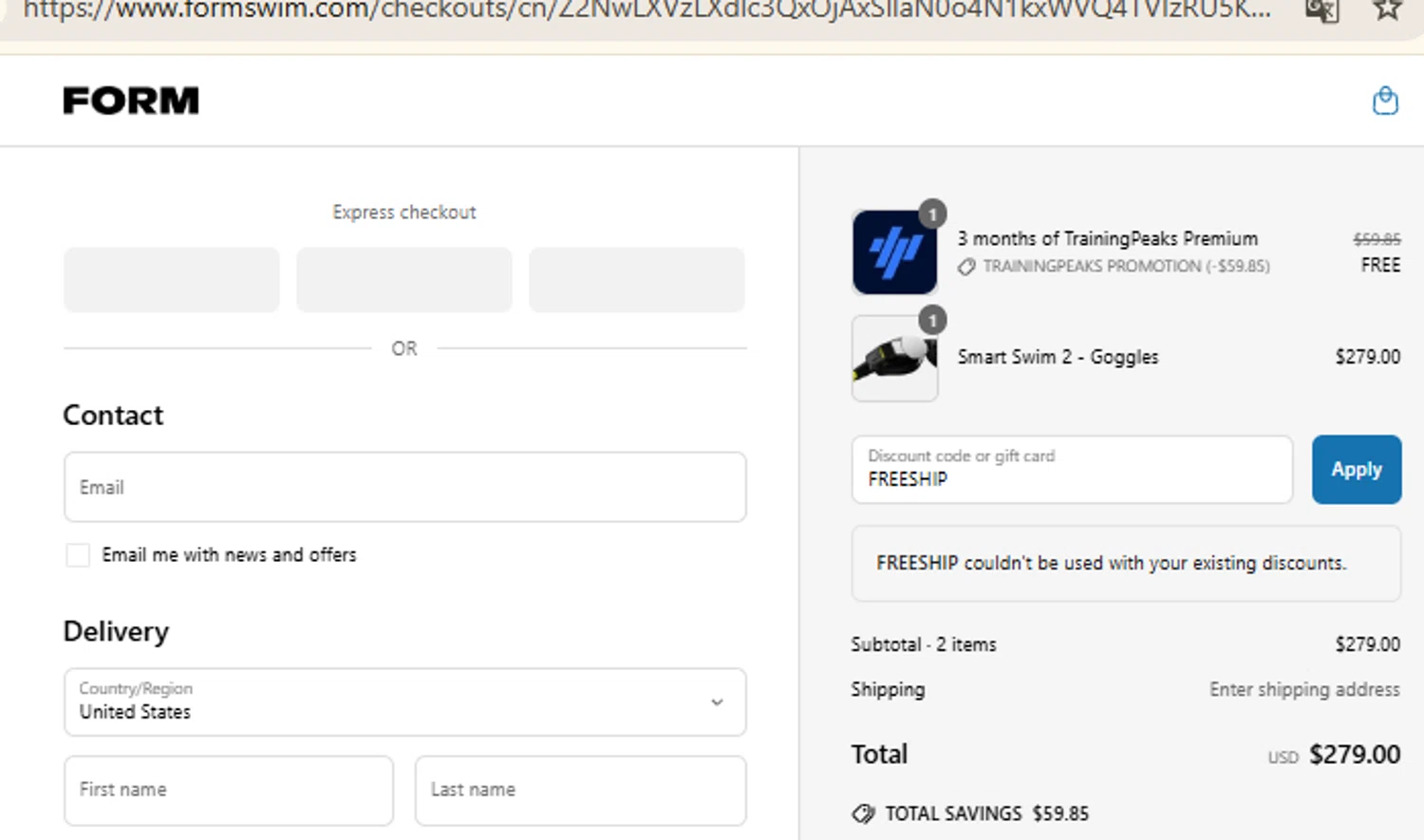 FORM Swim Goggles discount code screenshot showing code FREESHIP applied at FORM Swim Goggles checkout page. Uploaded by SimplyCodes community member RewardFinder4836 on Jun 30, 2025