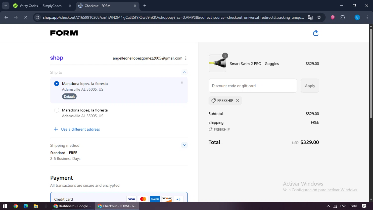 FORM Swim Goggles discount code screenshot showing code FREESHIP applied at FORM Swim Goggles checkout page. Uploaded by SimplyCodes community member bilijr on Aug 29, 2025