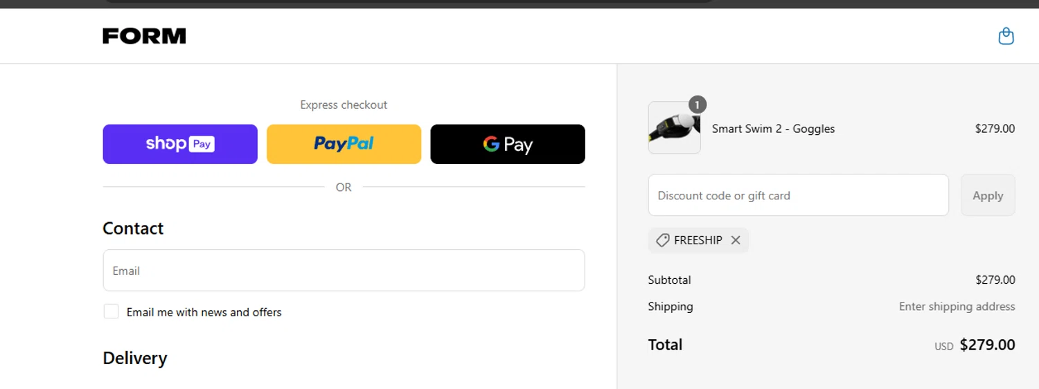 FORM Swim Goggles discount code screenshot showing code FREESHIP applied at FORM Swim Goggles checkout page. Uploaded by SimplyCodes community member ashe1986 on May 23, 2025