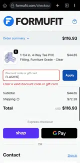 FLASH15 coupon verification screenshot