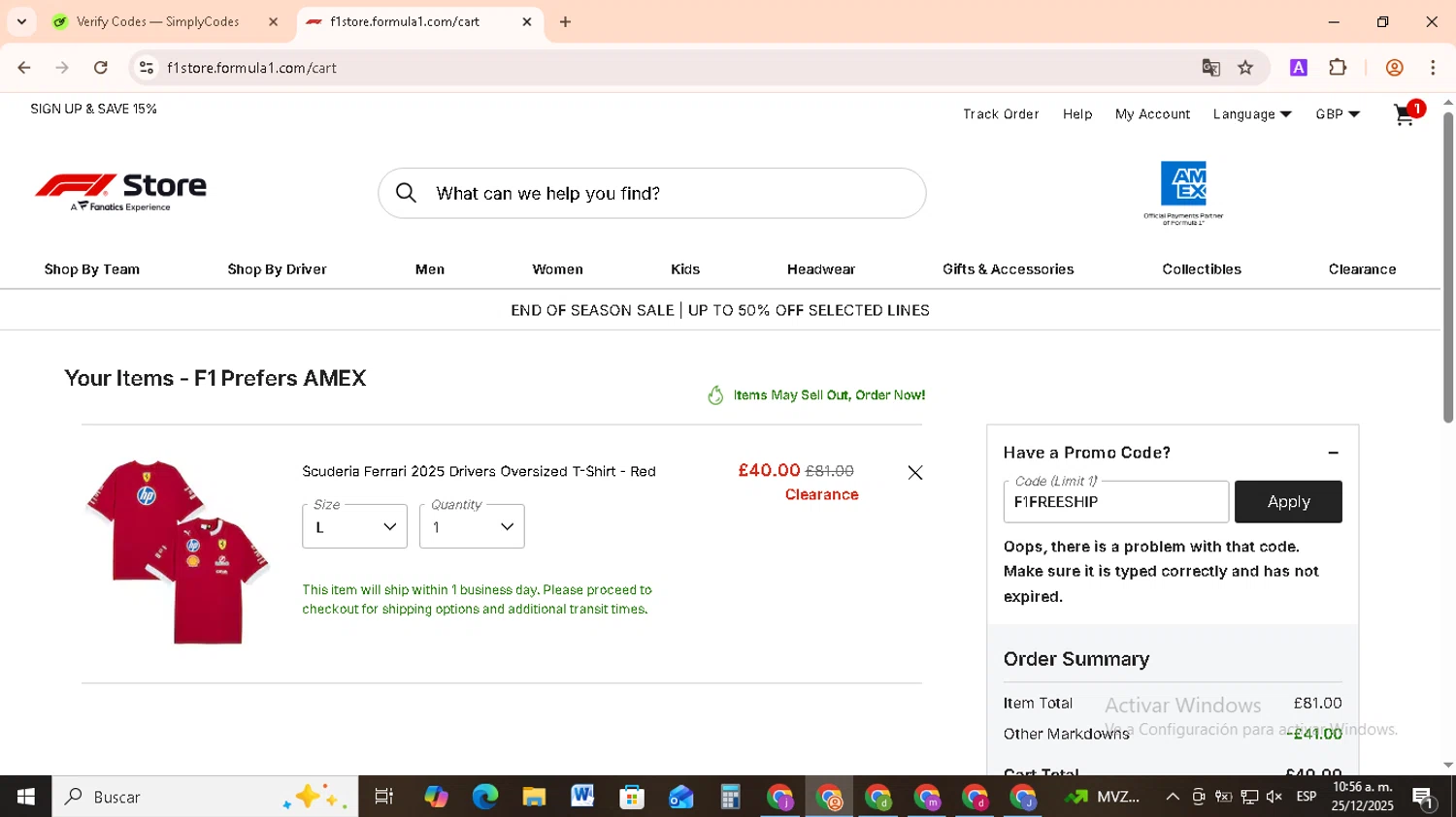 F1 Ticket Store promo code screenshot showing code F1FREESHIP applied at F1 Ticket Store checkout page. Uploaded by SimplyCodes community member RebateCollector5909 on Dec 25, 2025