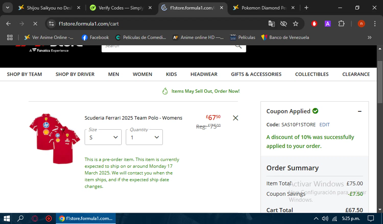 F1 Ticket Store promo code screenshot showing code SAS10F1STORE applied at F1 Ticket Store checkout page. Uploaded by SimplyCodes community member Sasuk3 on Mar 4, 2025