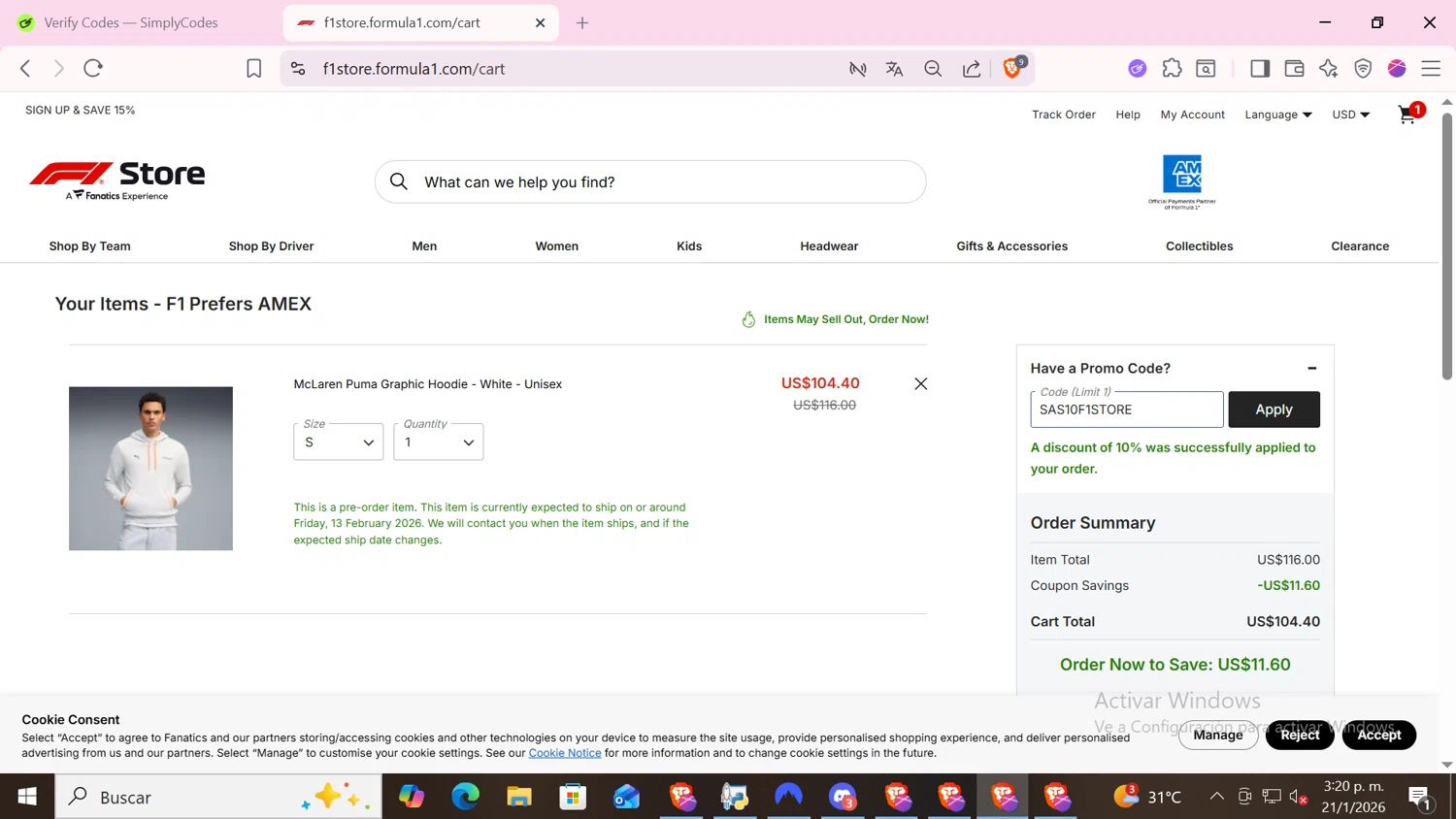 F1 Ticket Store checkout page showing F1 Ticket Store promo code box | Screenshot taken by SimplyCodes community member on Jan 21, 2026
