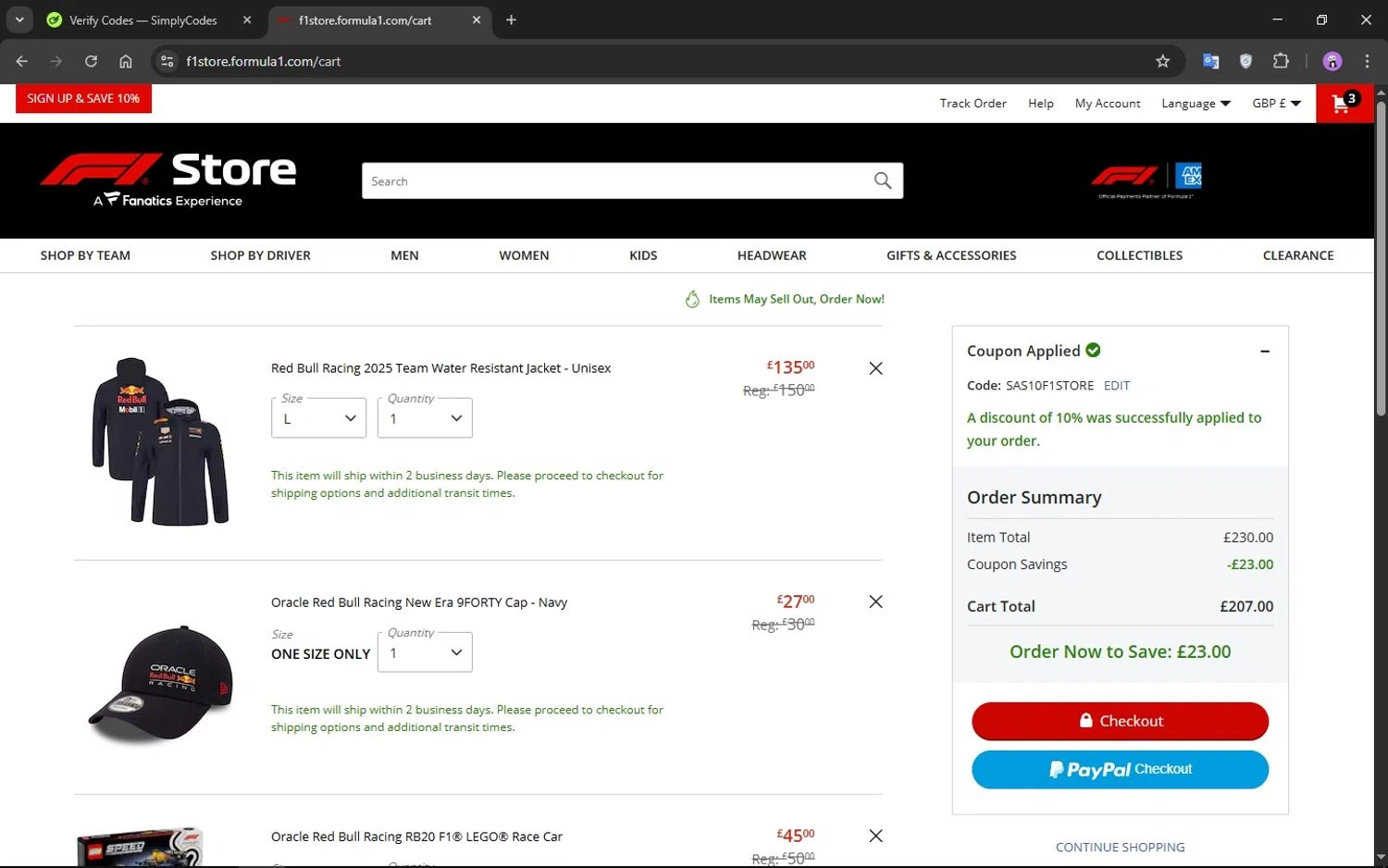 F1 Ticket Store promo code screenshot showing code SAS10F1STORE applied at F1 Ticket Store checkout page. Uploaded by SimplyCodes community member CrownMaestro9486 on Apr 5, 2025