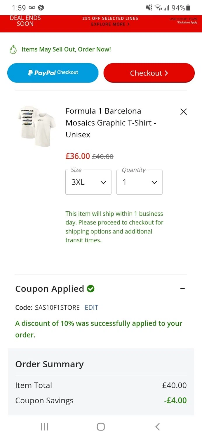 F1 Ticket Store promo code screenshot showing code SAS10F1STORE applied at F1 Ticket Store checkout page. Uploaded by SimplyCodes community member yajairagonzalez1 on May 30, 2025