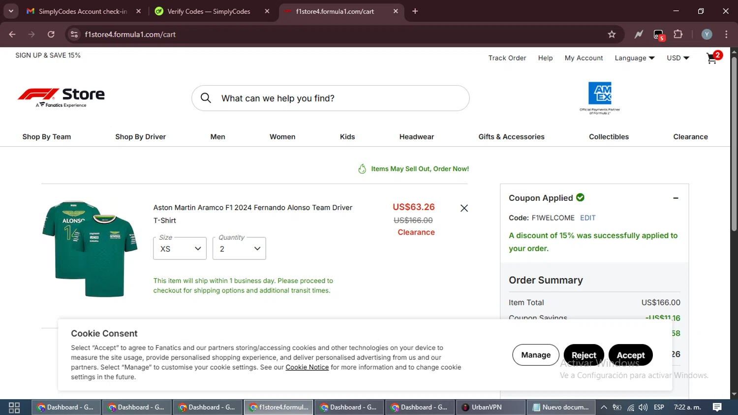 F1 Ticket Store promo code screenshot showing code F1WELCOME applied at F1 Ticket Store checkout page. Uploaded by SimplyCodes community member MoneyTiger5162 on Nov 12, 2025
