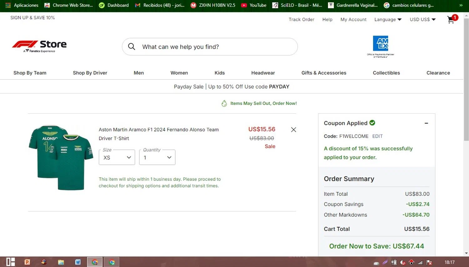 F1 Ticket Store promo code screenshot showing code F1WELCOME applied at F1 Ticket Store checkout page. Uploaded by SimplyCodes community member Patobel on Sep 28, 2025