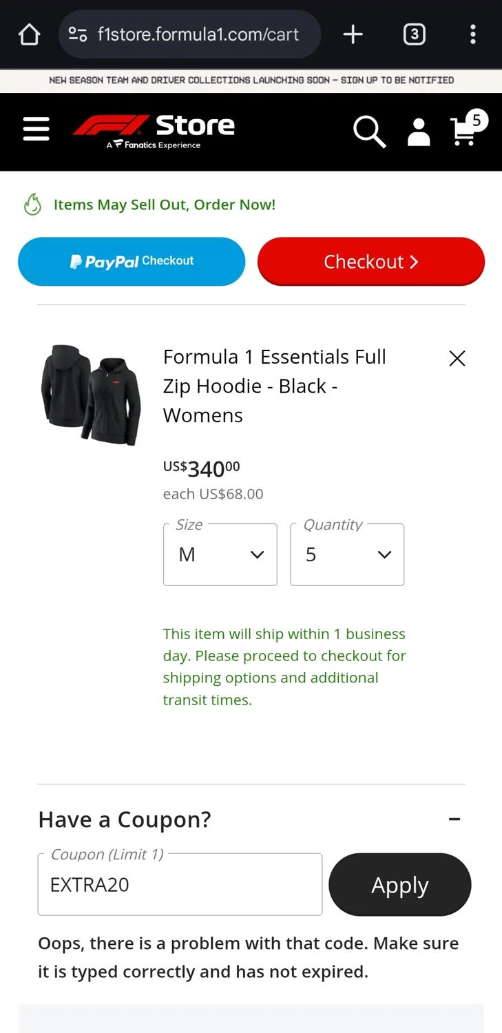 F1 Ticket Store promo code screenshot showing code extra20 applied at F1 Ticket Store checkout page. Uploaded by SimplyCodes community member ComeBurra123 on Feb 3, 2025