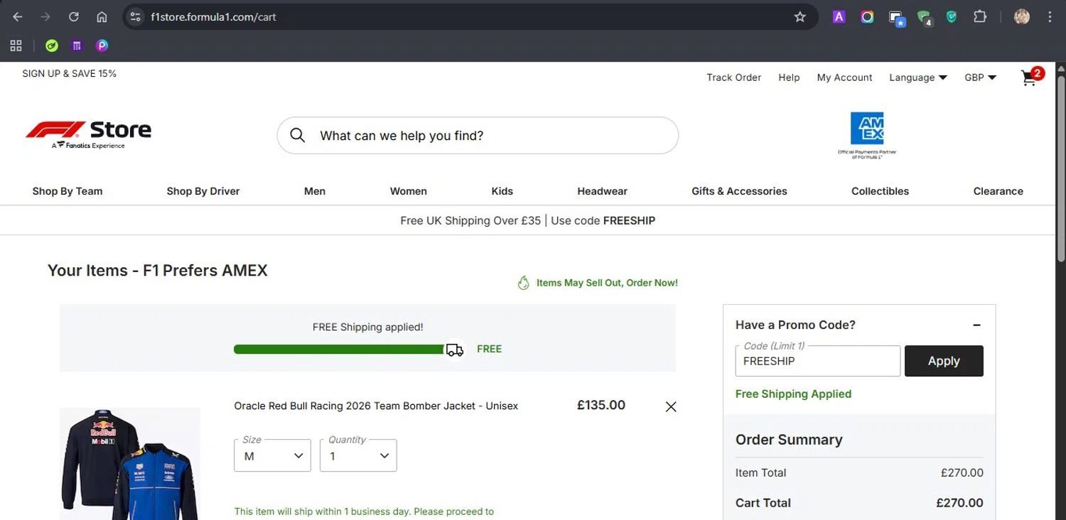F1 Ticket Store promo code screenshot showing code FREESHIP applied at F1 Ticket Store checkout page. Uploaded by SimplyCodes community member ROCKSORD_2 on Jan 20, 2026