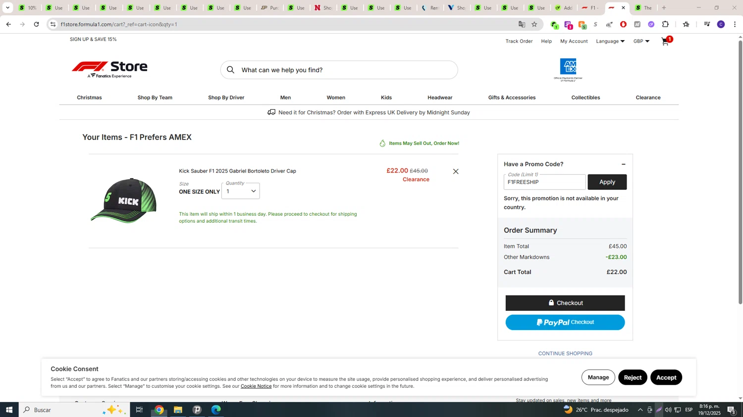 F1 Ticket Store promo code screenshot showing code F1FREESHIP applied at F1 Ticket Store checkout page. Uploaded by SimplyCodes community member Rado1234 on Dec 20, 2025