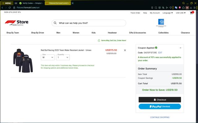 Formula 1 Store checkout page showing Formula 1 Store discount code box | Screenshot taken by SimplyCodes community member on Sep 13, 2025