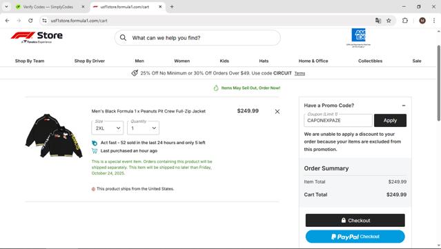 Formula 1 Store checkout page showing Formula 1 Store discount code box | Screenshot taken by SimplyCodes community member on Sep 12, 2025
