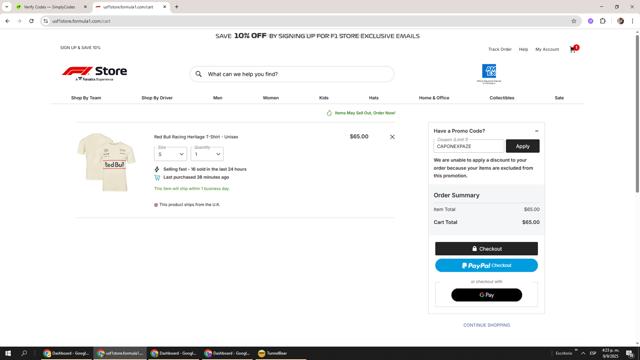 Formula 1 Store checkout page showing Formula 1 Store discount code box | Screenshot taken by SimplyCodes community member on Sep 9, 2025