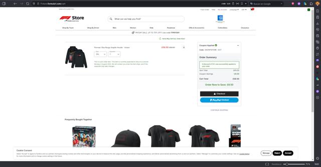 Formula 1 Store UK checkout page showing Formula 1 Store UK discount code box | Screenshot taken by SimplyCodes community member on Jul 24, 2025