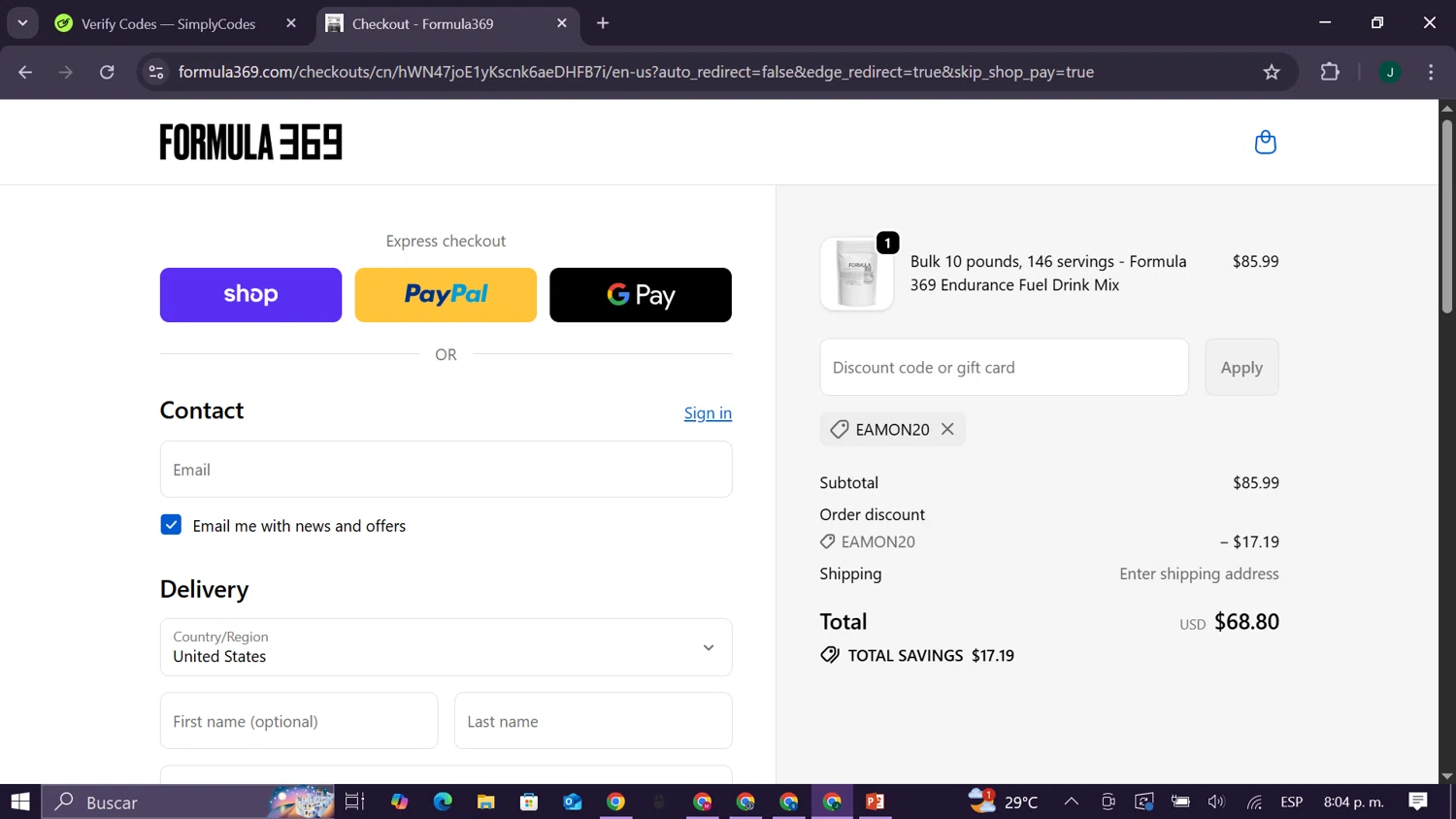 Formula369 promo code screenshot showing code EAMON20 applied at Formula369 checkout page. Uploaded by SimplyCodes community member CleverElite8110 on Oct 15, 2025