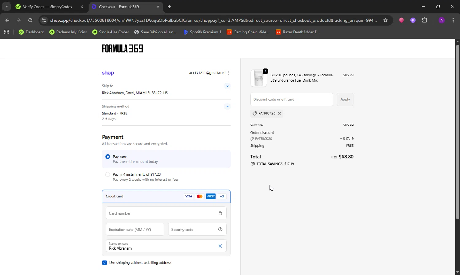 Formula369 promo code screenshot showing code PATRICK20 applied at Formula369 checkout page. Uploaded by SimplyCodes community member DeathBone on Oct 11, 2025