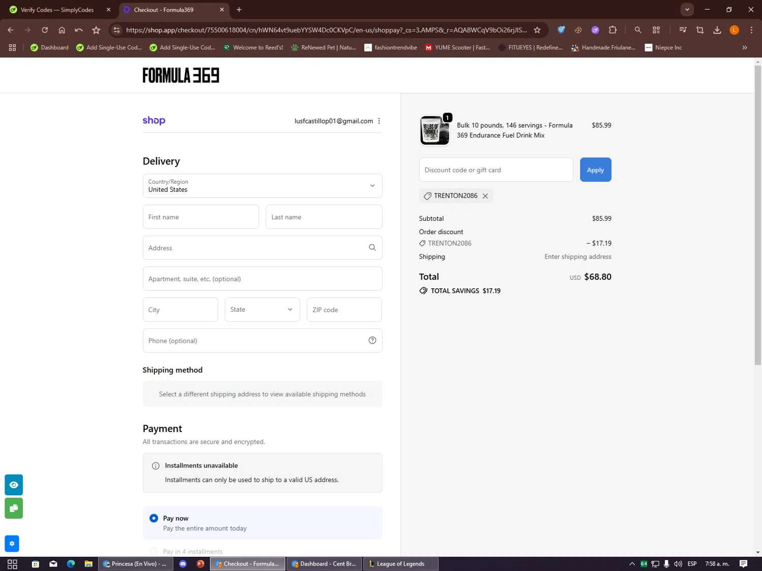 Formula369 promo code screenshot showing code TRENTON2086 applied at Formula369 checkout page. Uploaded by SimplyCodes community member Alalee on Dec 5, 2025