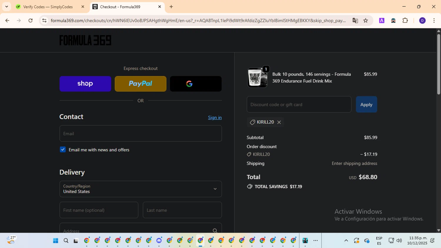 Formula369 promo code screenshot showing code KIRILL20 applied at Formula369 checkout page. Uploaded by SimplyCodes community member MagnificentFinder9583 on Dec 11, 2025