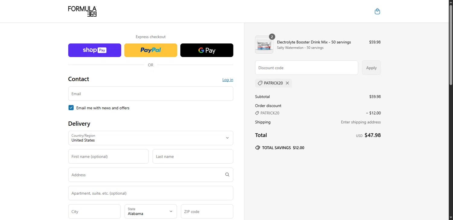 Formula369 promo code screenshot showing code PATRICK20 applied at Formula369 checkout page. Uploaded by SimplyCodes community member Serdanvz on Jun 23, 2025