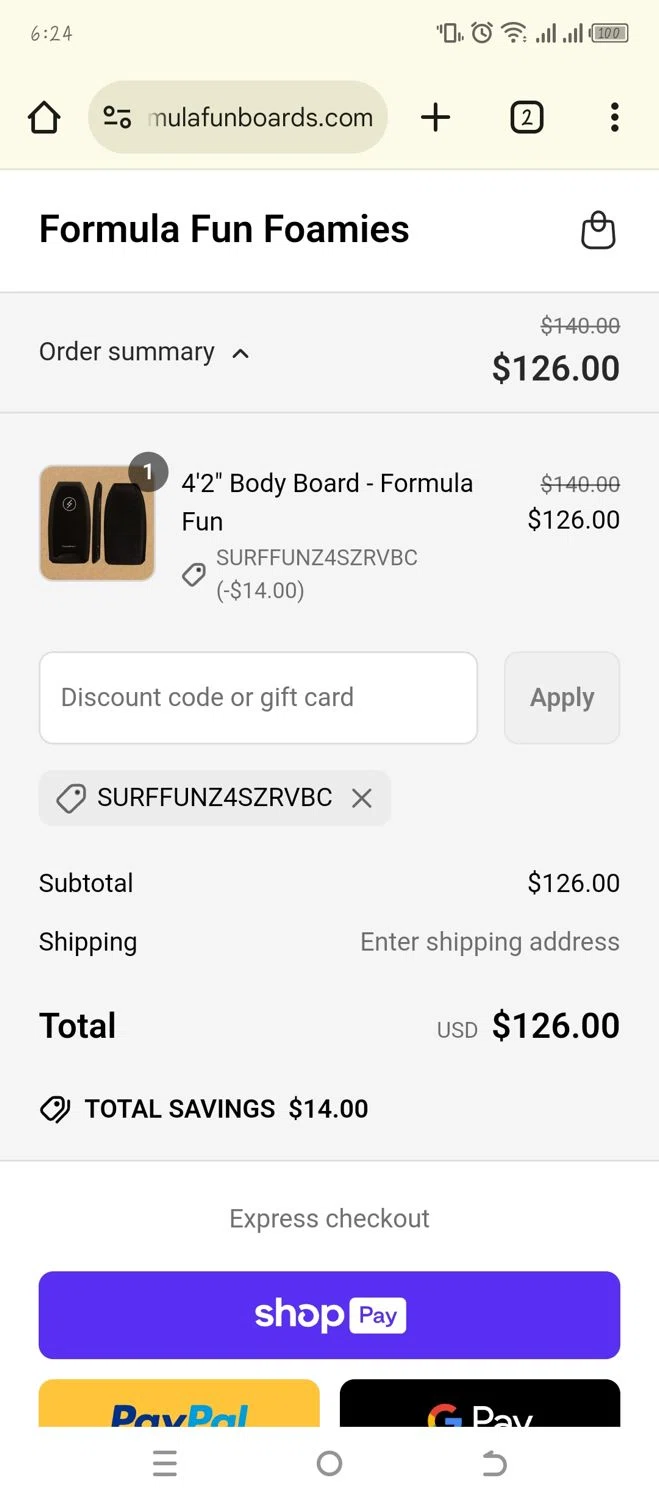 Formula Fun discount code screenshot showing code SurfFunZ4SZRVBC applied at Formula Fun checkout page. Uploaded by SimplyCodes community member WonderW on Mar 25, 2025