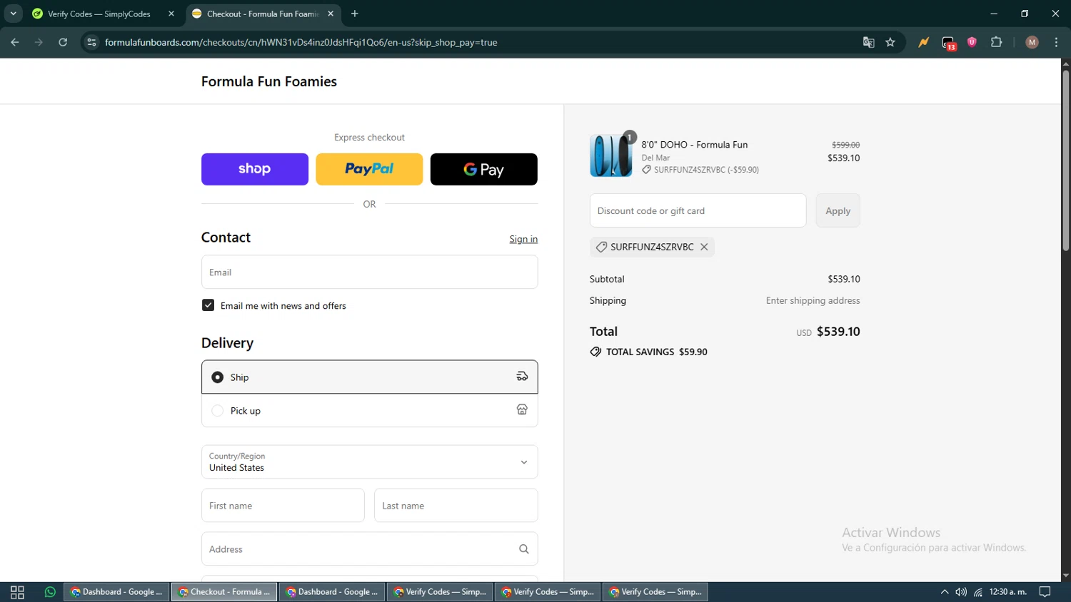 Formula Fun discount code screenshot showing code SurfFunZ4SZRVBC applied at Formula Fun checkout page. Uploaded by SimplyCodes community member DiscountTitan4635 on Sep 16, 2025