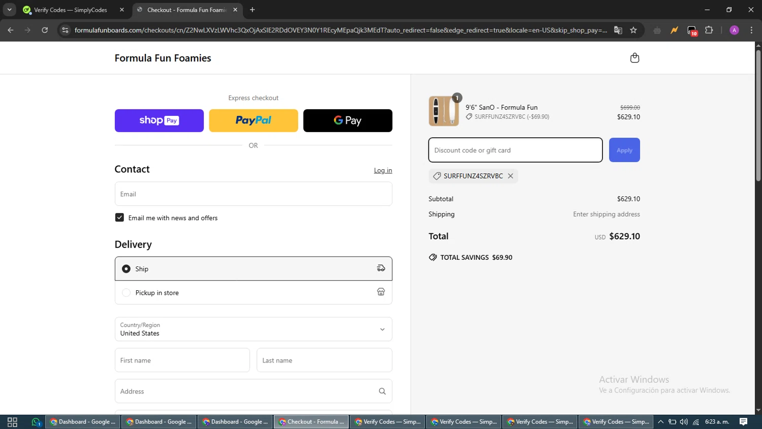 Formula Fun discount code screenshot showing code SurfFunZ4SZRVBC applied at Formula Fun checkout page. Uploaded by SimplyCodes community member CouponScout5403 on Mar 25, 2025