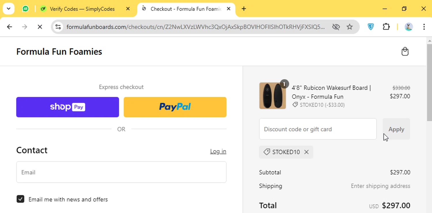Formula Fun discount code screenshot showing code stoked10 applied at Formula Fun checkout page. Uploaded by SimplyCodes community member Paolita on Jan 23, 2025
