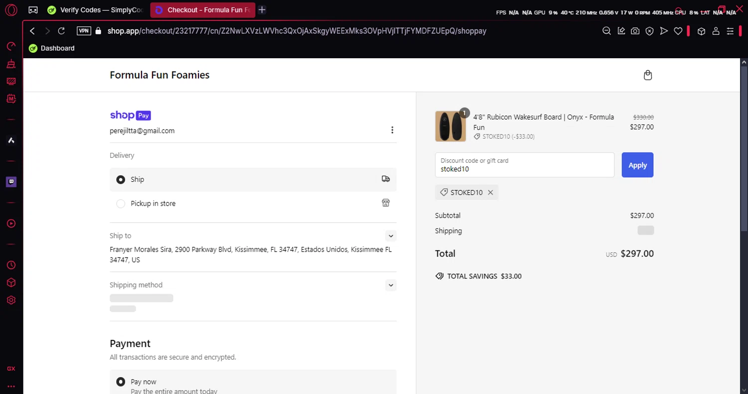 Formula Fun discount code screenshot showing code stoked10 applied at Formula Fun checkout page. Uploaded by SimplyCodes community member Franyer on Jan 8, 2025