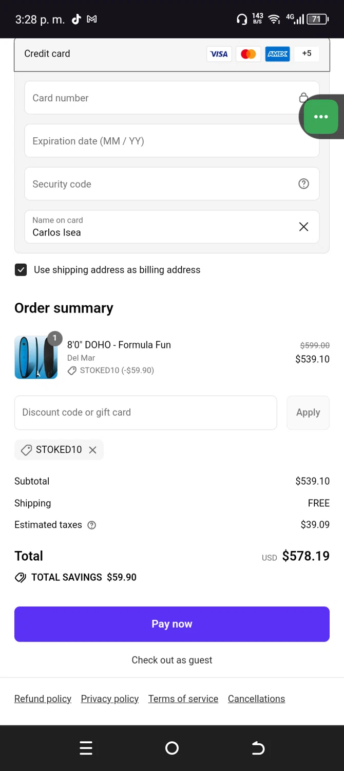 Formula Fun discount code screenshot showing code stoked10 applied at Formula Fun checkout page. Uploaded by SimplyCodes community member Sanchezcarol on Aug 8, 2025